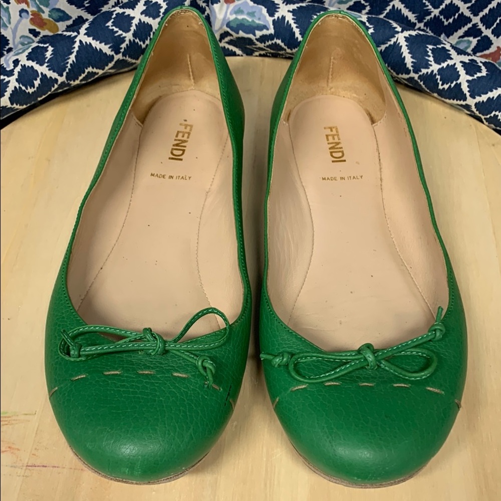 Fendi Selleria Green Leather Ballet Flats